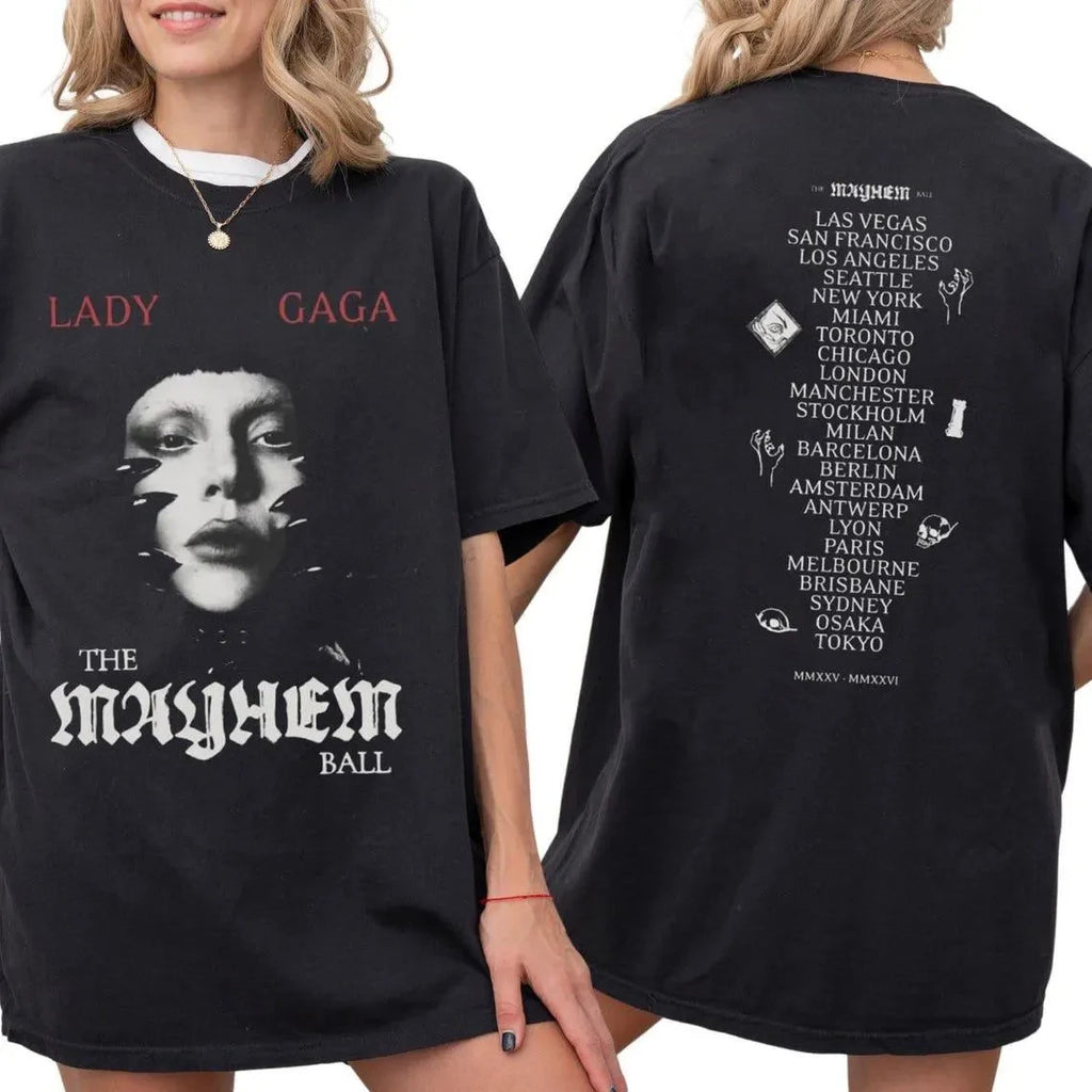 Lady Gaga Mayhem Ball Tour T Shirt Vintage Fashion Women Cotton T-shirt Oversized Round Neck Tee Harajuku Y2k Tops Men Clothing
