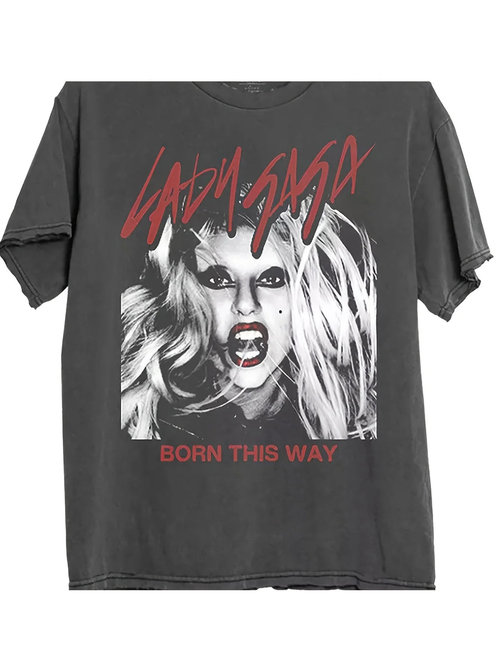 Lady Gaga "Born This Way" Album Pattern T-shirt Dark Gray Red Letter Print Loose Version Casual Women's T-shirt