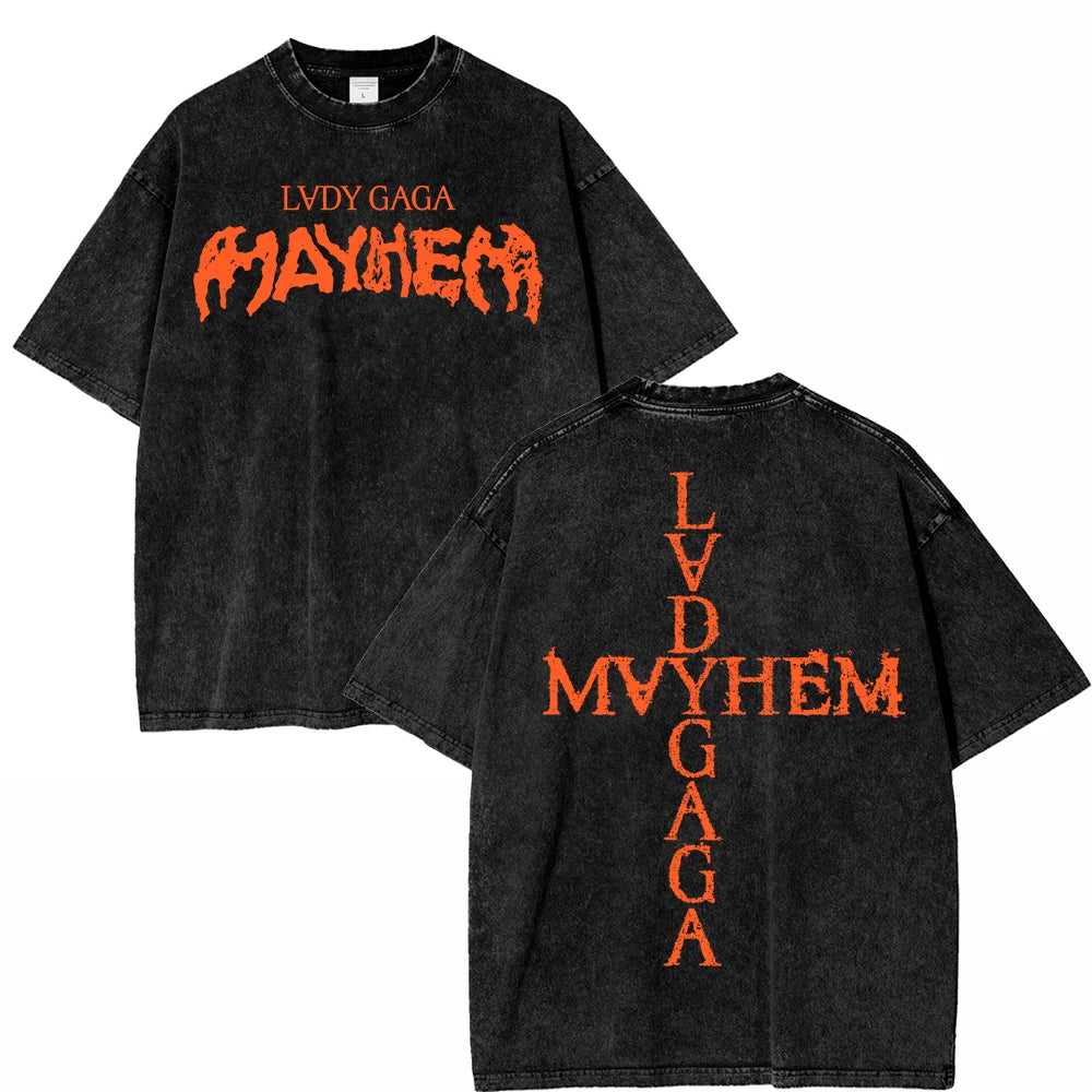Vintage Washed Lady Gaga The Mayhem Ball Tour 2025 T Shirt Fashion Men/Women Aesthetic High Quality Acid Wash 100% Cotton Tees